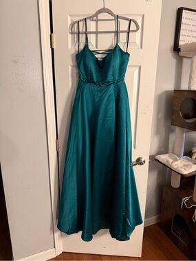 lace prom dress blue A-line Blue Round Neck Lace Prom Dress Lace Up Evening Dress US16 / Custom Color main image 1